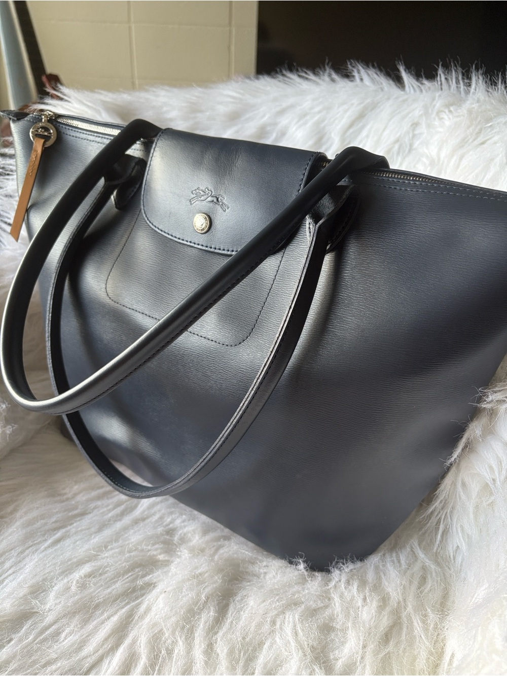 Longchamp Blue Leather Tote with Snap Flap